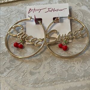 Betsey Johnson Gold Hoop Earrings with Red Cherry Accents NWT “Sweet”